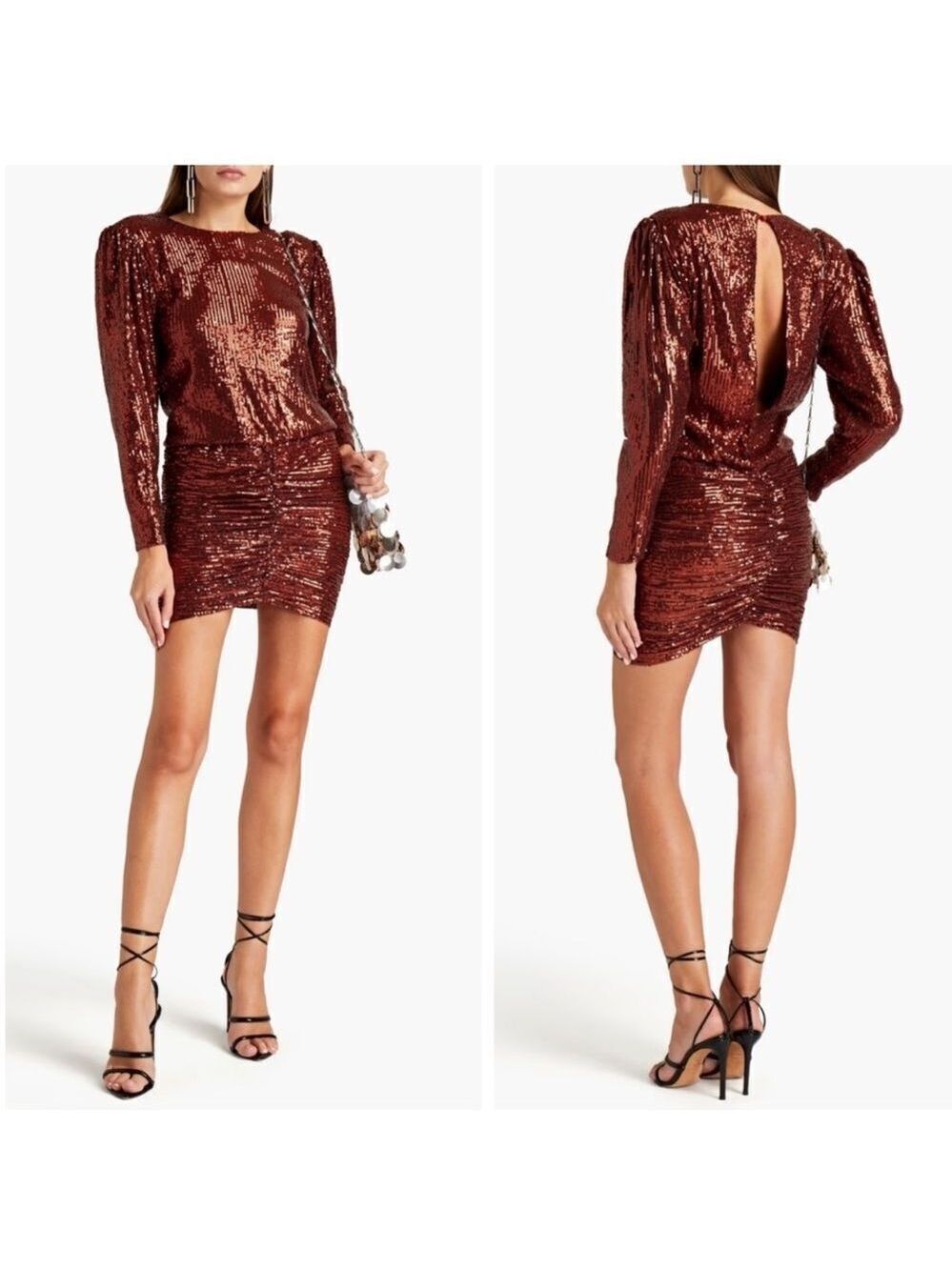 NEW Retrofete Flynn Long Sleeve Sequin Mini Dress Bronze Copper Size Large